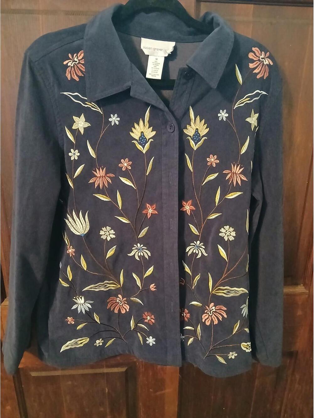 Susan Graver Style Floral Embroidered Navy Shacket Size Large